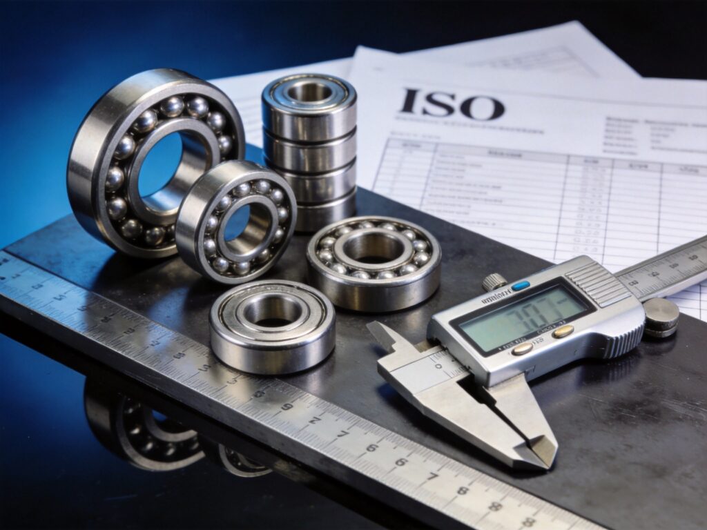 Industrial bearings arranged on precision measurement surface with ISO specification documents for B2B procurement