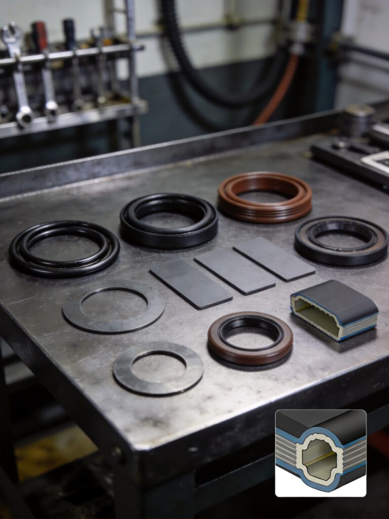 Industrial rubber seals and gaskets assortment for B2B procurement - O-rings, lip seals, and flat gaskets in NBR, FKM, and EPDM materials