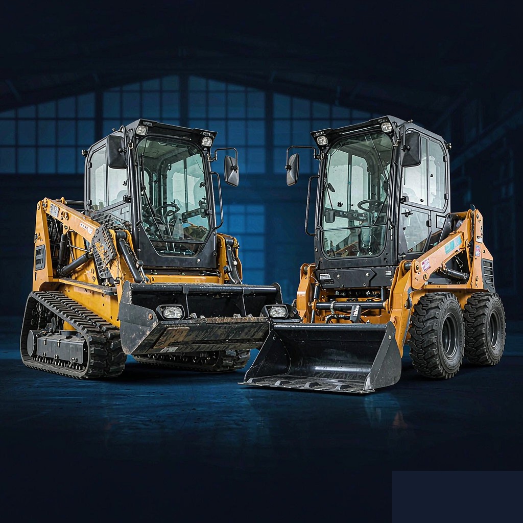 Wheeled skid steer loader and crawler tracked skid steer side by side in an industrial yard