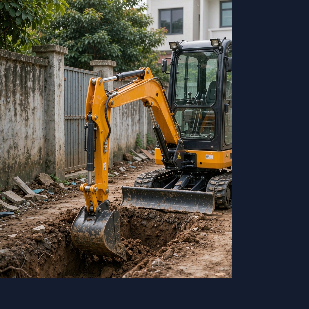1-ton to 2.5-ton LUYRN mini crawler excavator working in a tight residential backyard