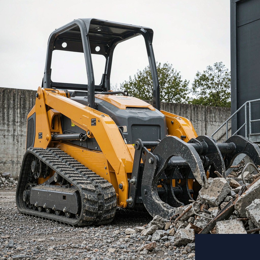 Crawler skid steer loader with hydraulic grapple attachment handling concrete rubble on a construction site
