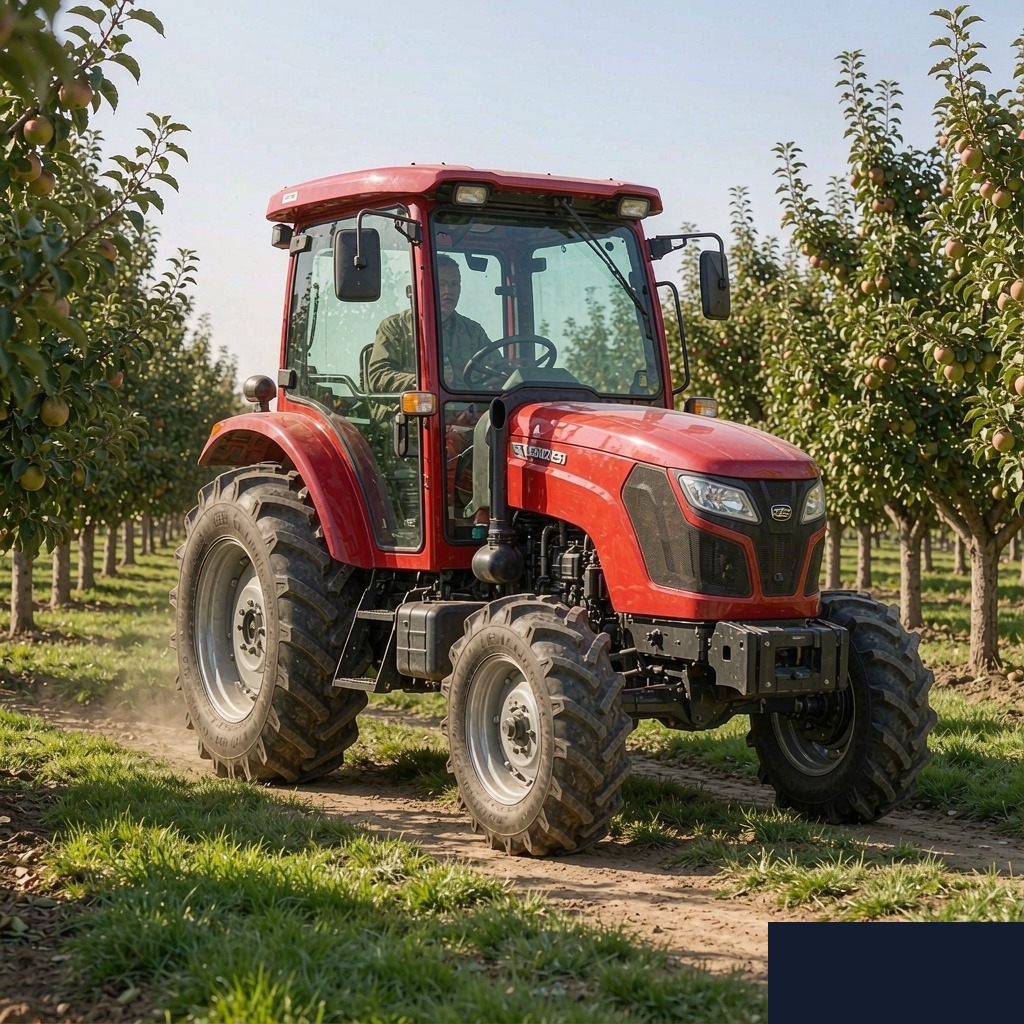 Red 4WD farm tractor with specialty narrow chassis working in orchard rows between fruit trees